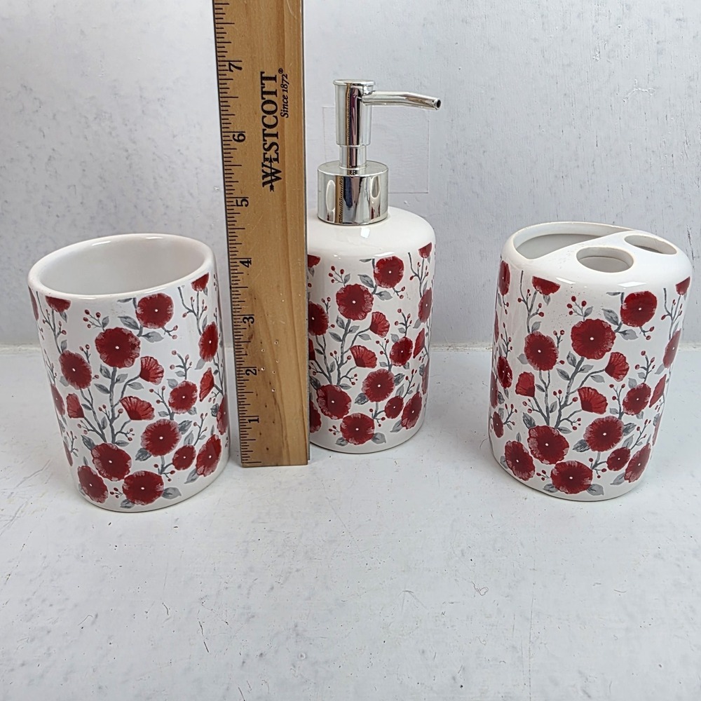 Modern Boho Ceramic Bathroom Accessories 3-Piece Set Red Floral Soap Dispenser - Picture 5 of 6